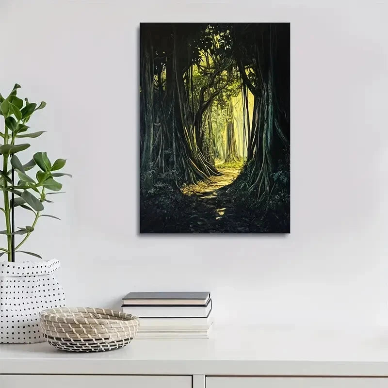 Lush Banyan Forest with Sunlit Painting 40x60cm Metal Print Ready to Hang