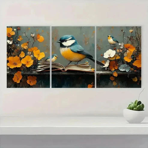 3pcs Blue Tit Birds & Vibrant Orange Flower R Wall Art Set Canvas Unframed - High Quality Print 100% Australian Made Wall Canvas - Bella Home Decor