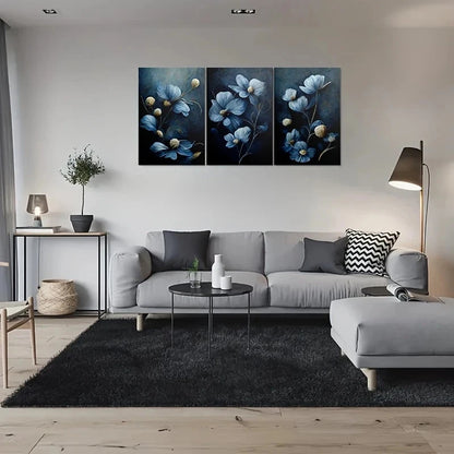 3pcs Blue Floral Modern Abstract Metal Print Ready to Hang Art
