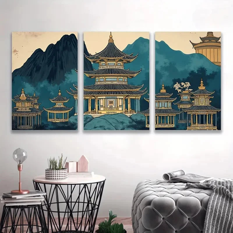 3pcs Japanese Pagoda Landscape Triptych Wall Art Set Canvas Framed 60x90cm - High Quality Print 100% Australian Made Wall Canvas Ready to Hang