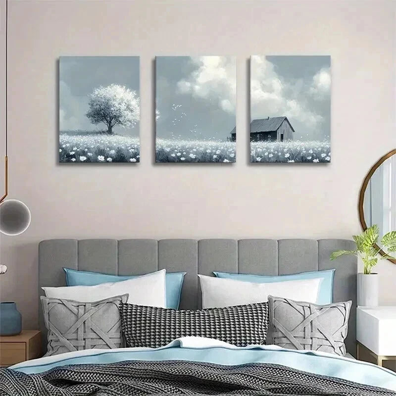 3pcs Wildflower Field Blue And White Tranquil Wall Art Set Canvas Framed 40x60cm - High Quality Print 100% Australian Made Wall Canvas Ready to Hang