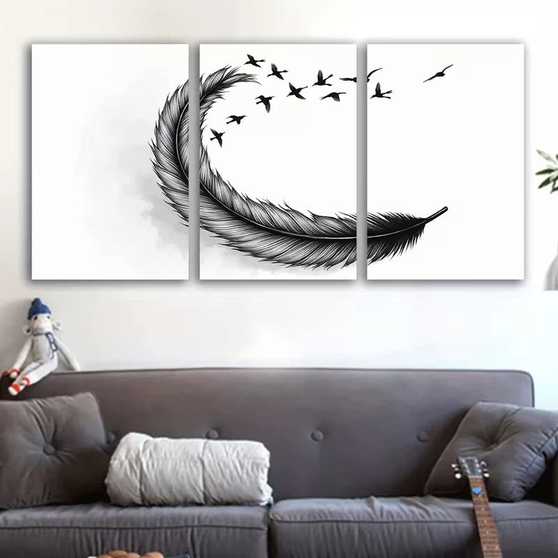 3pcs Black and White Feather Painting Wall Art Set Canvas Framed 40x60cm - High Quality Print 100% Australian Made Wall Canvas Ready to Hang