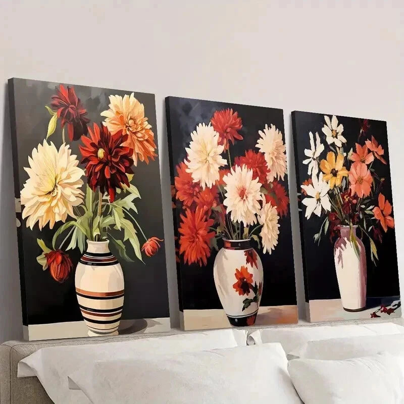 3pcs Colorful Red Orange White Flowers in Vases Wall Art Set Canvas Framed 40x60cm - High Quality Print 100% Australian Made Wall Canvas Ready to Hang
