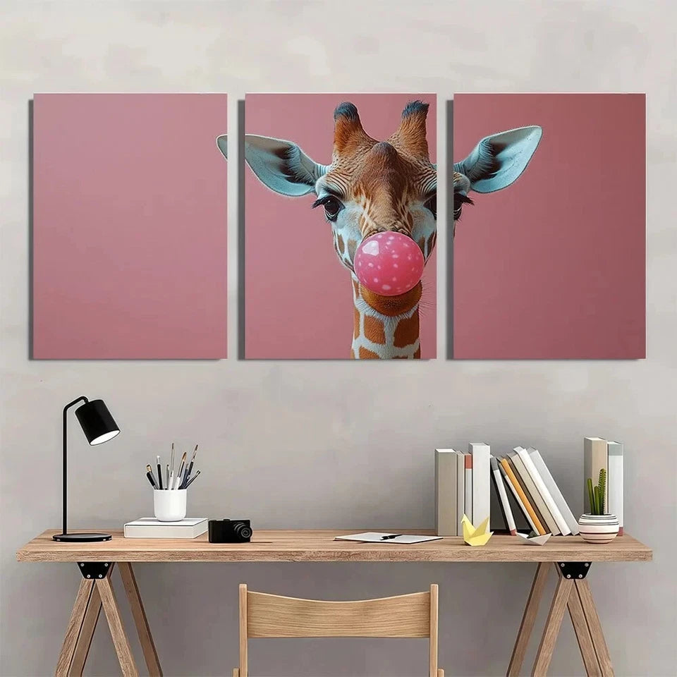 3pcs Giraffe Bubble Gum Animal Theme Metal Print Ready to Hang Art