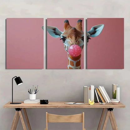 3pcs Giraffe Bubble Gum Animal Theme Metal Print Ready to Hang Art