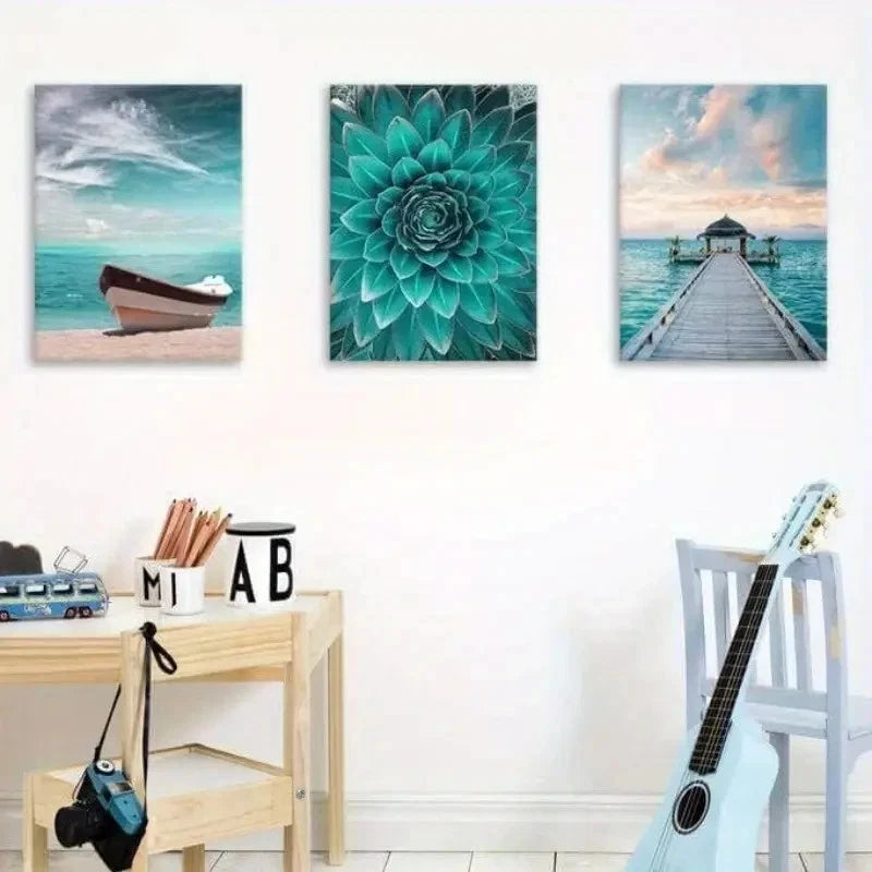 3pcs Painting with Teal Floral Boat Pier Metal Print Ready to Hang Art