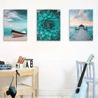 3pcs Painting with Teal Floral Boat Pier Metal Print Ready to Hang Art