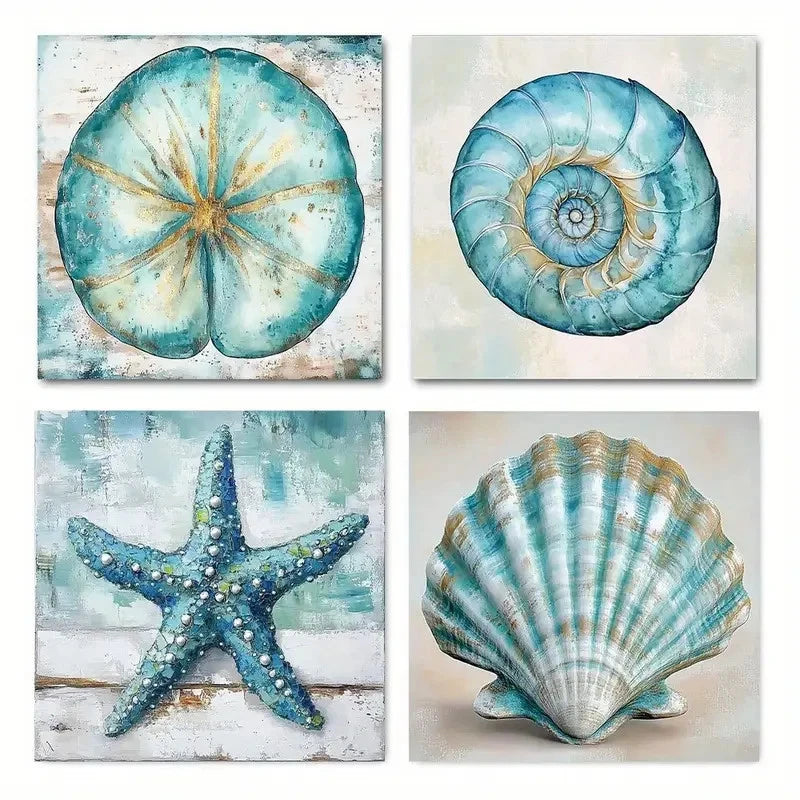 4pcs Rustic Beach Shell & Starfish Wall Decor Wall Art Canvas Framed
