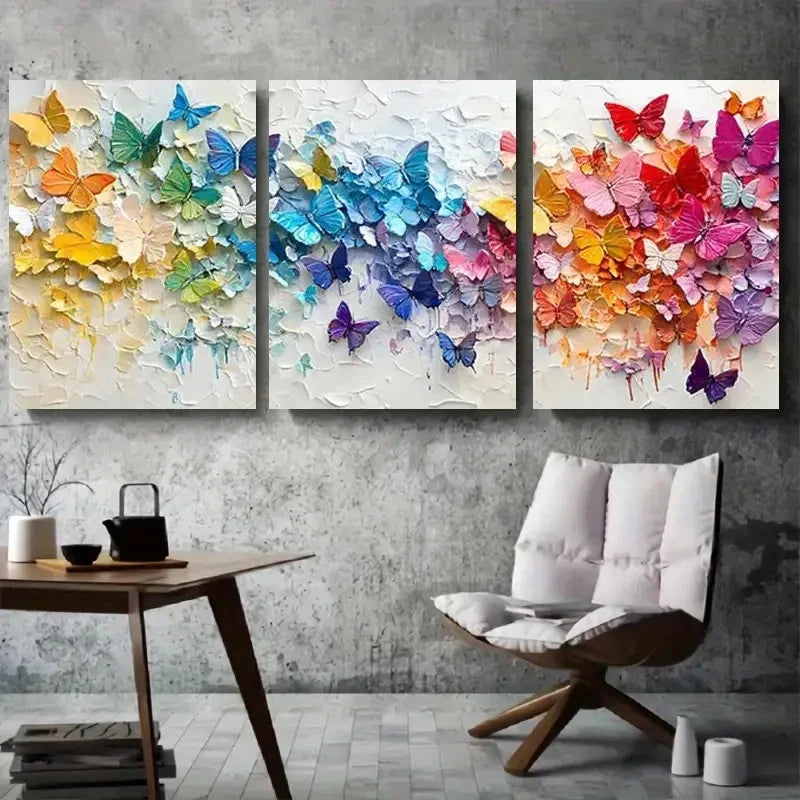 3pcs Floral Design with Vibrant Butterflies Metal Print Ready to Hang Art