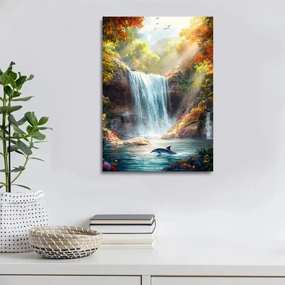 Fantasy Dolphin & Waterfall Scene with Sunbeams 40x60cm Metal Print Ready to Hang