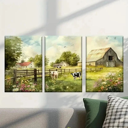 3pcs Farm with a Cow And Barn Painting Wall Art Set Canvas Framed 40x60cm - High Quality Print 100% Australian Made Wall Canvas Ready to Hang