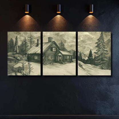3pcs Snowy Mountain Cabin Scene Metal Print Ready to Hang Art