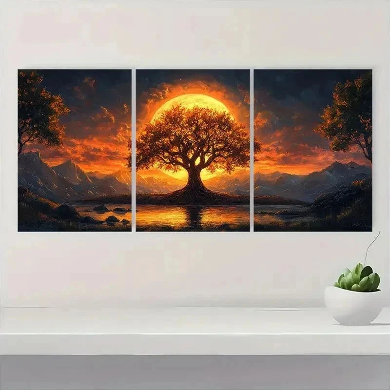 3pcs Modern Golden Tree Sunset Mountain Art l Wall Art Set Canvas Framed 50x70cm - High Quality Print 100% Australian Made Wall Canvas Ready to Hang