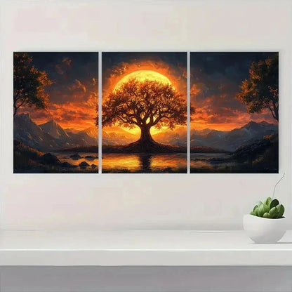 3pcs Modern Golden Tree Sunset Mountain Art l Wall Art Set Canvas Framed 50x70cm - High Quality Print 100% Australian Made Wall Canvas Ready to Hang