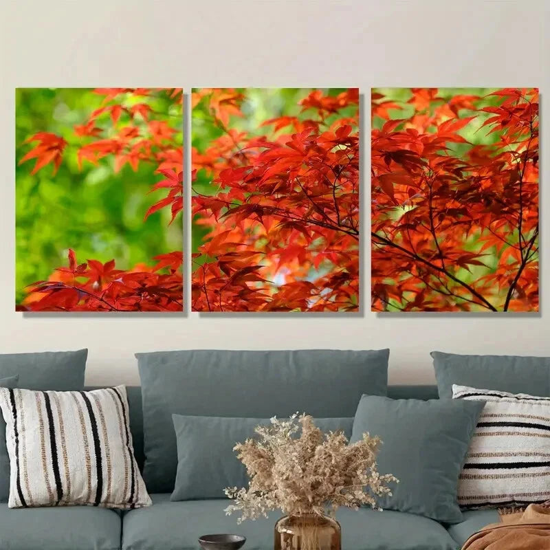 3pcs Vibrant Red Leaves Triptych Metal Print Ready to Hang Art