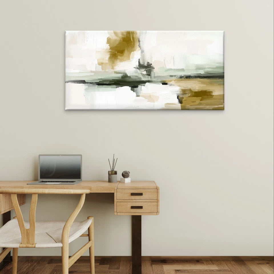 Modern Abstract Green & Yellow Paint Wall Art Canvas Office Home Framed 120x60cm