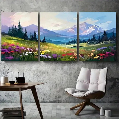 3pcs Alpine Wildflower Meadow Mountain Wall Art Set Canvas Framed 40x60cm - High Quality Print 100% Australian Made Wall Canvas Ready to Hang