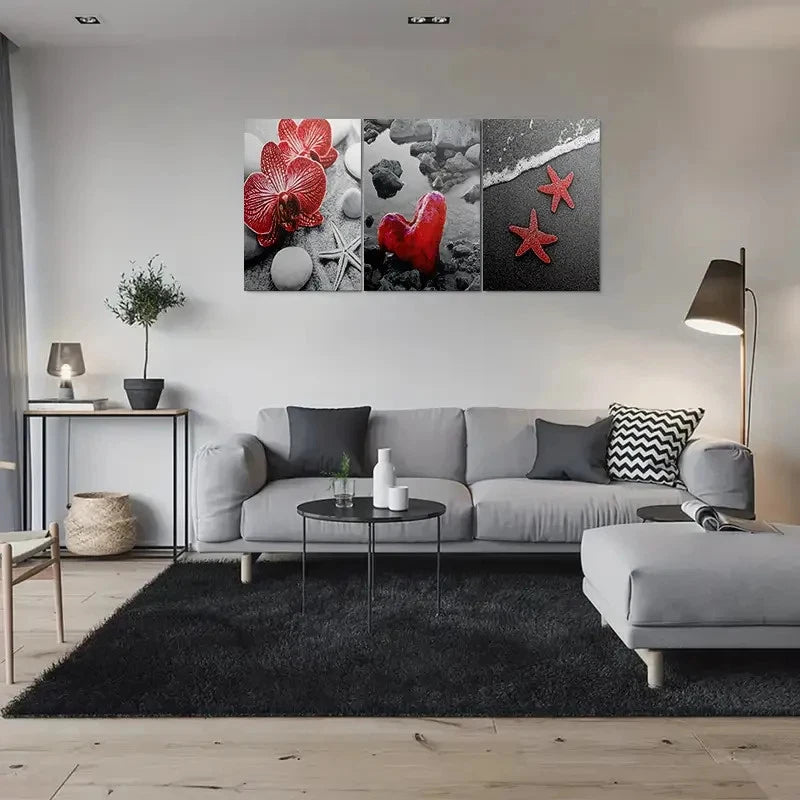 3pcs Beach Themed Red Starfish Heart and Orchid Metal Print Ready to Hang Art