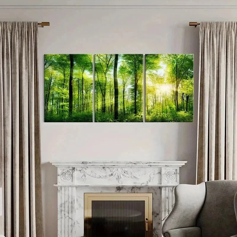 3pcs Sun Through Green Forest Landscape Wall Art Set Canvas Framed 40x60cm - High Quality Print 100% Australian Made Wall Canvas Ready to Hang