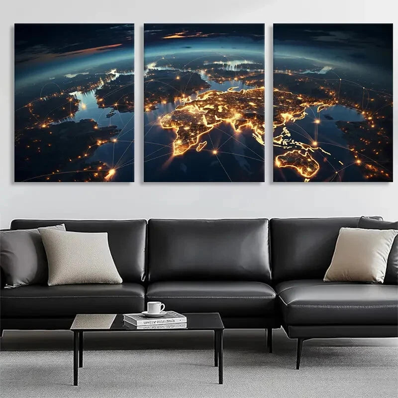 3pcs Global Network Connections Map Perfect Wall Art Set Canvas Framed 40x60cm - High Quality Print 100% Australian Made Wall Canvas Ready to Hang