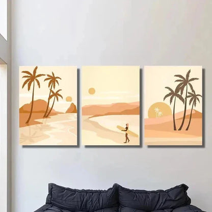 3pcs Palm Trees at Sunset Surfer on the Shore Wall Art Set Canvas Unframed - High Quality Print 100% Australian Made Wall Canvas