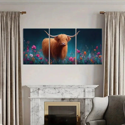 3pcs Highland Cow Floral Garden Poster Metal Print Ready to Hang Art