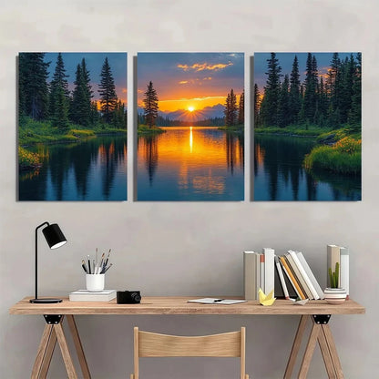 3pcs Vibrant Sunset River Pine Trees Wildflowers Wall Art Set Canvas Framed 50x70cm - High Quality Print 100% Australian Made Wall Canvas Ready to Hang