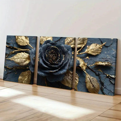 3pcs Black Rose Golden Leaves Art Wall Art Set Canvas Framed 50x70cm - High Quality Print 100% Australian Made Wall Canvas Ready to Hang