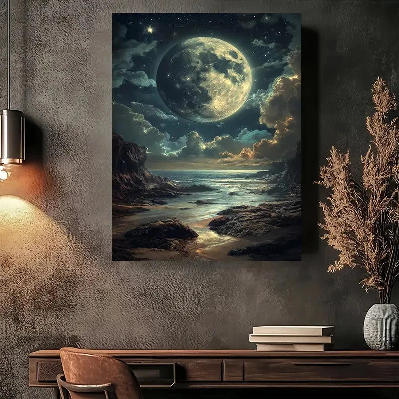 Beautiful Moonlit Ocean Dreamscape Painting 40x60cm Metal Print Ready to Hang