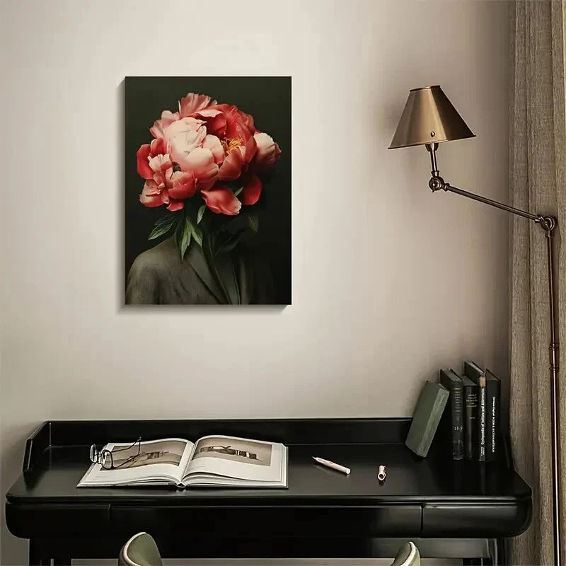 Vibrant Pink & Red Floral Painting with Dark  40x60cm Metal Print Ready to Hang