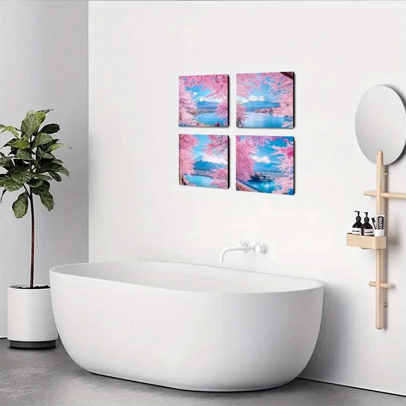 4pcs Mount Fuji & Cherry Blossom Wall Art Canvas Framed