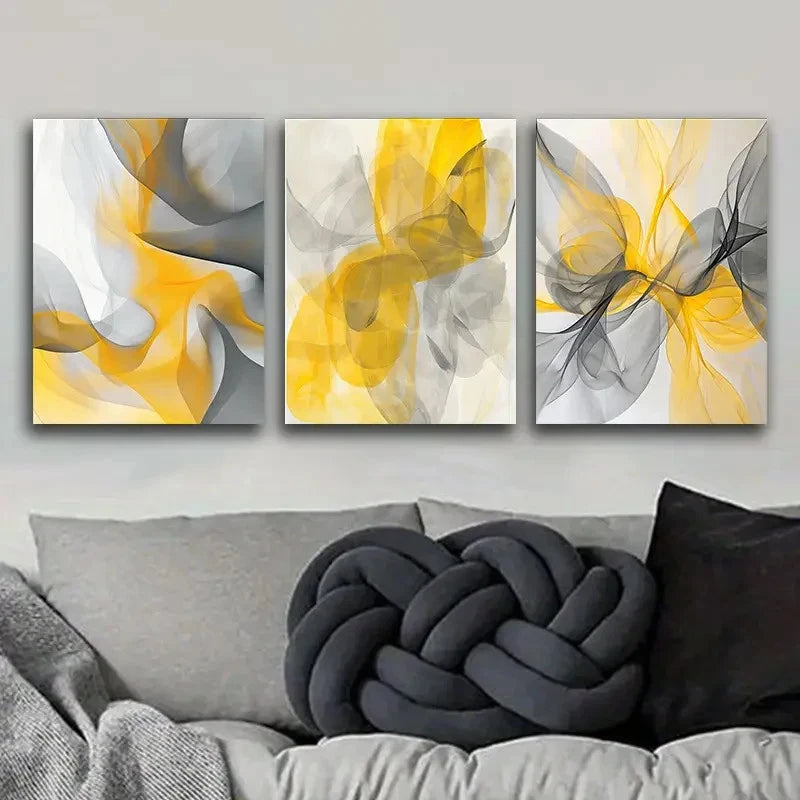 3pcs Featuring Abstract Shapes in Yellow And Gray Metal Print Ready to Hang Art