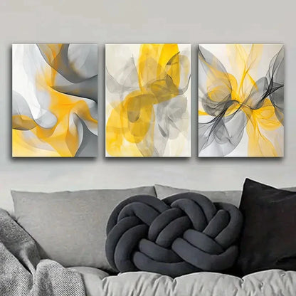 3pcs Featuring Abstract Shapes in Yellow And Gray Metal Print Ready to Hang Art