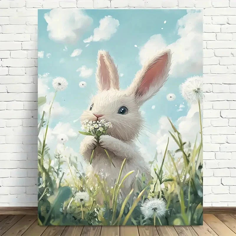Beautiful Fluffy Bunny In Dandelion Field Painting 40x60cm Metal Print Ready to Hang