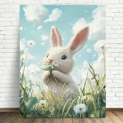 Beautiful Fluffy Bunny In Dandelion Field Painting 40x60cm Metal Print Ready to Hang
