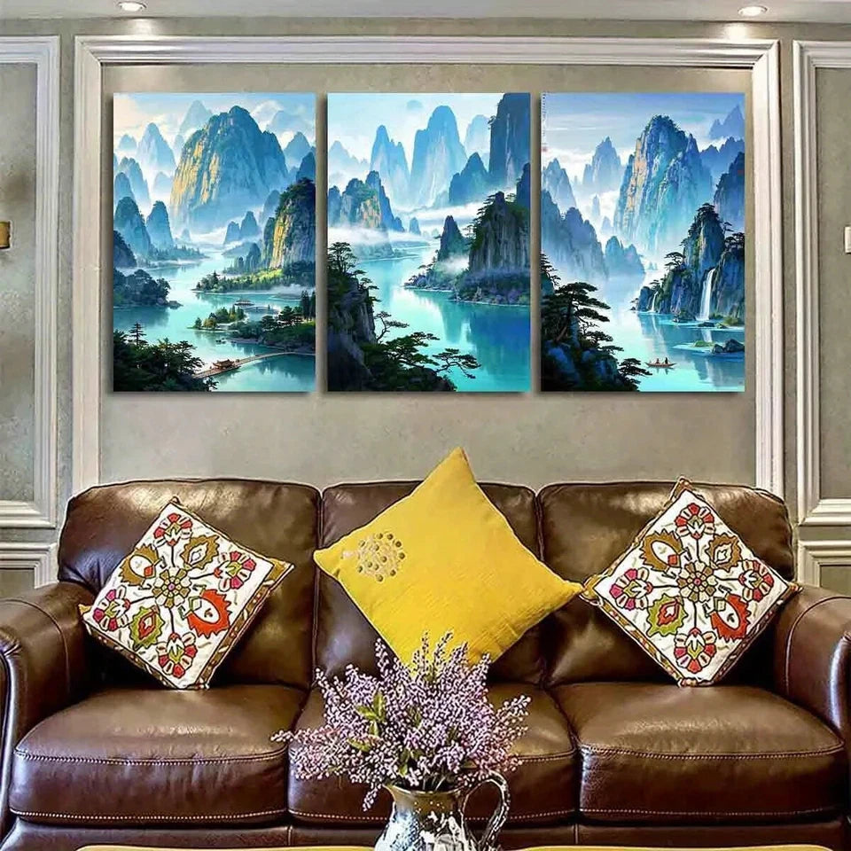 3pcs Mountain Lake and Pine Tree Scene Waterfall Metal Print Ready to Hang Art