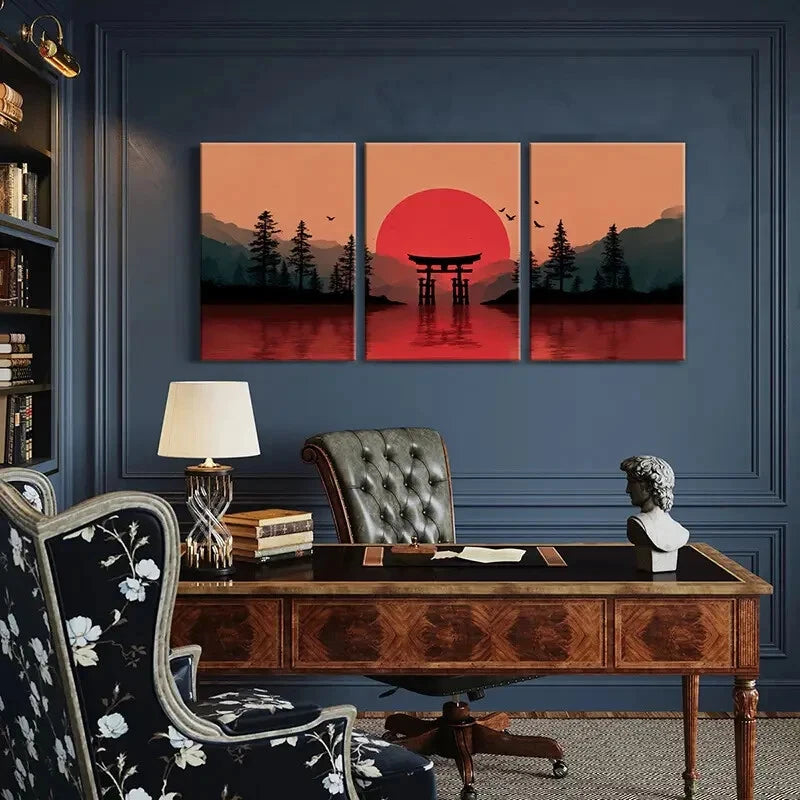 3pcs Sunset Torii Gate Silhouette Mountain Lands Metal Print Ready to Hang Art