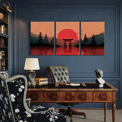 3pcs Sunset Torii Gate Silhouette Mountain Lands Metal Print Ready to Hang Art