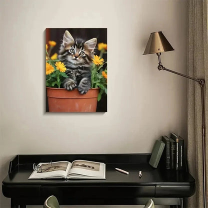 Flowers and Plants Cute Maine Coon Kitten Painting 40x60cm Metal Print Ready to Hang