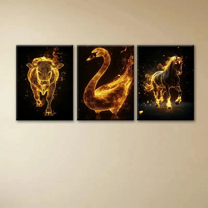 3pcs Fiery Animals Cows Swans and Horses Metal Print Ready to Hang Art