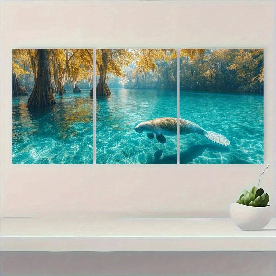3pcs Serene Manatee Crystal Clear Waters Wall Art Set Canvas Framed 40x60cm - High Quality Print 100% Australian Made Wall Canvas Ready to Hang