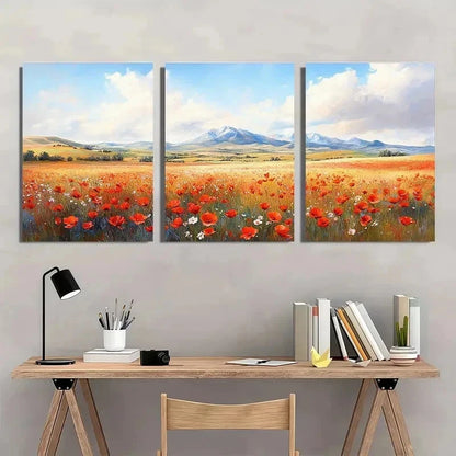 3pcs Vibrant Poppy Meadow Mountain View Perfect Wall Art Set Canvas Framed 40x60cm - High Quality Print 100% Australian Made Wall Canvas Ready to Hang