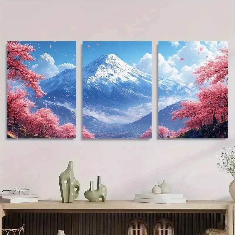 3pcs Cherry Blossom Mountain Nature Perfect Wall Art Set Canvas Framed 40x60cm - High Quality Print 100% Australian Made Wall Canvas Ready to Hang