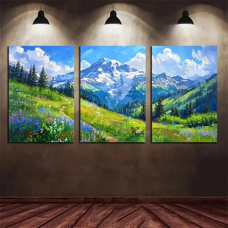 3pcs Snow-Capped Peaks & Wildflowers Painting Metal Print Ready to Hang Art