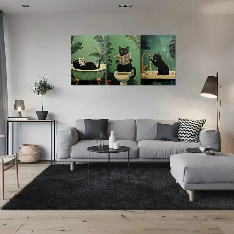 3pcs Whimsical Black Cat Bathroom Scene Metal Print Ready to Hang Art