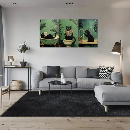 3pcs Whimsical Black Cat Bathroom Scene Metal Print Ready to Hang Art