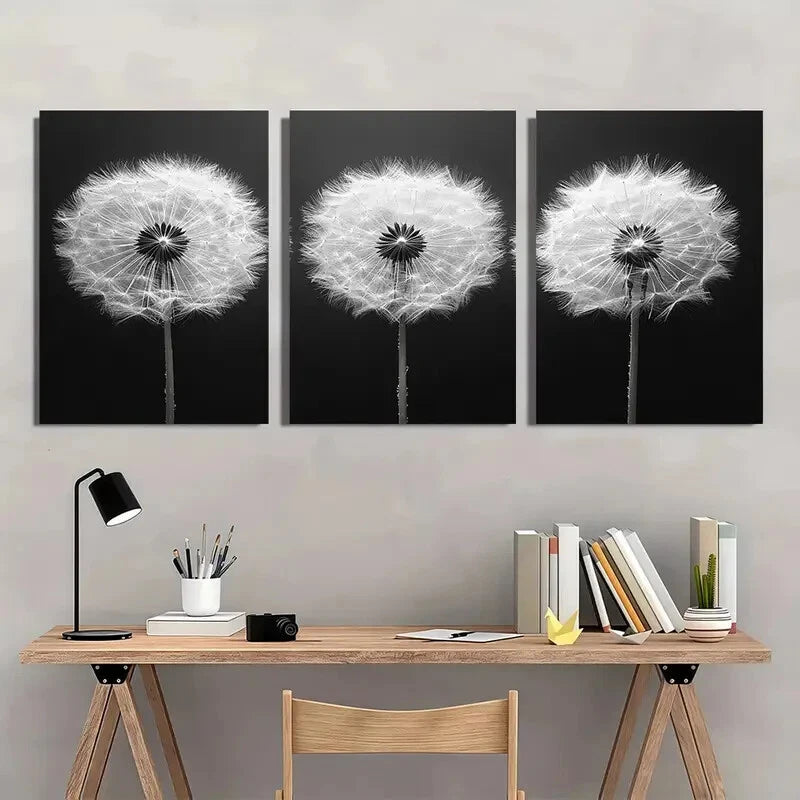 3pcs Black And White Dandelion Metal Print Ready to Hang Art