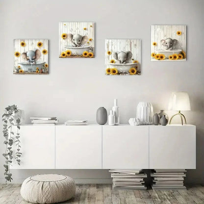 4pcs Elephants & Sunflowers in Bathtub Wall Art Canvas Framed