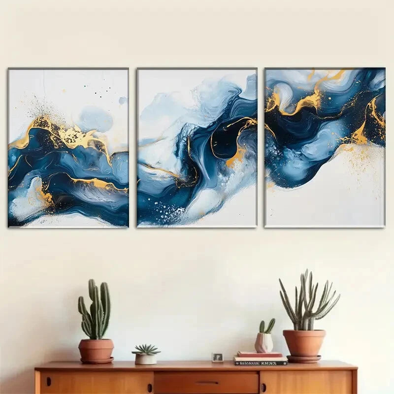 3pcs Blue and Golden Abstract Décor Perfect Wall Art Set Canvas Framed 40x60cm - High Quality Print 100% Australian Made Wall Canvas Ready to Hang