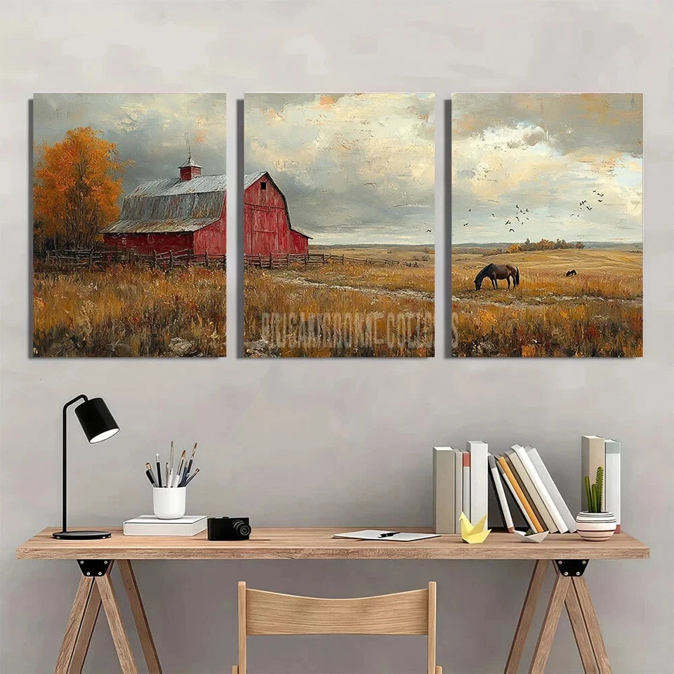 3pcs Vibrant Rustic Barn & Horses Cloudy Sky Metal Print Ready to Hang Art